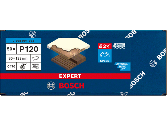 Brusni papir EXPERT Bosch z 8 luknjami za vibracijske brusilnike, Dimenzije: 80x133 mm, Zrnatost: 120, 2608901663